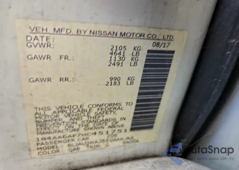 2017 Nissan Maxima 3.5S z USA, uszkodzony, nr VIN 1N4AA6AP7HC451751